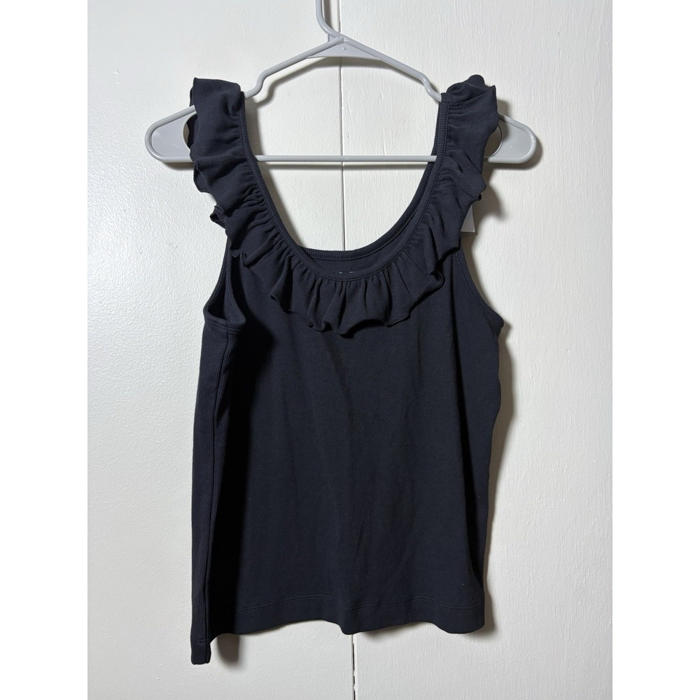 LOFT Medium Black Ribbed Tank Top Ruffle Trim Sleeveless Preppy Ballet Soft Girl